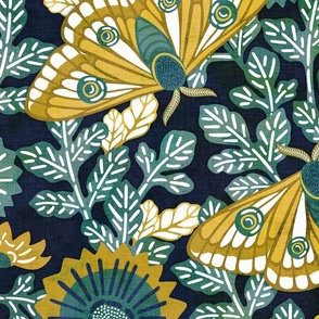Vintage Moths Jumbo Navy Blue Background- Japanese Linen Kimono- Garden Vines- Teal- Golden Yellow- Wallpaper- Home Decor
