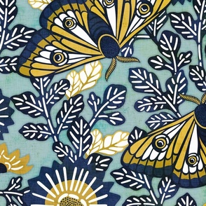 Vintage Moths Jumbo Teal Background- Japanese Linen Kimono- Garden Vines- Navy Blue- Golden Yellow- Wallpaper- Home Decor