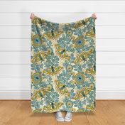 Vintage Moths Jumbo Ivory Background- Japanese Linen Kimono- Garden Vines- Teal- Golden Yellow- Wallpaper- Home Decor