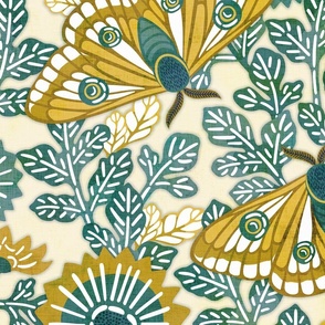 Vintage Moths Jumbo Ivory Background- Japanese Linen Kimono- Garden Vines- Teal- Golden Yellow- Wallpaper- Home Decor