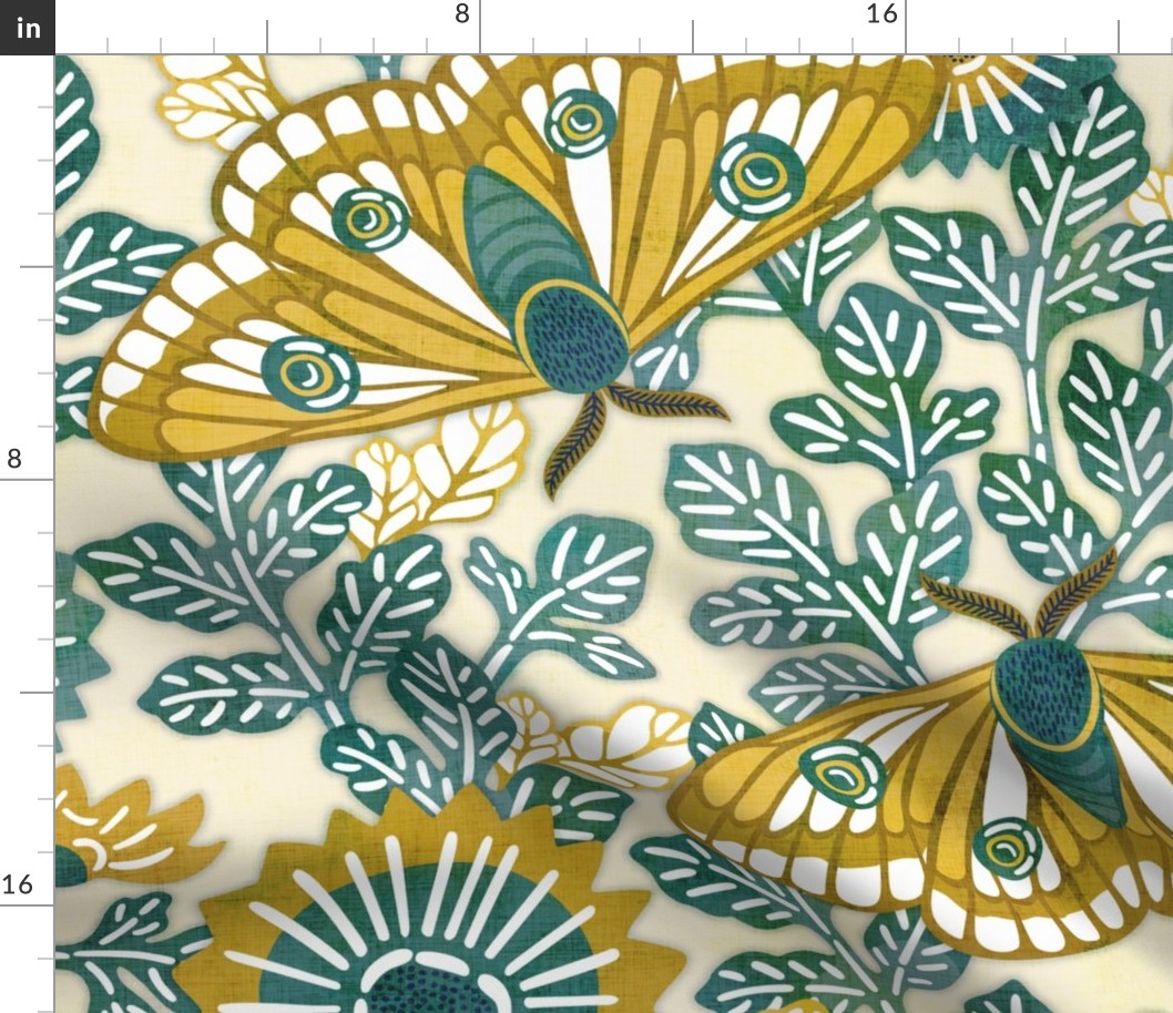 Vintage Moths Jumbo Ivory Background- Japanese Linen Kimono- Garden Vines- Teal- Golden Yellow- Wallpaper- Home Decor