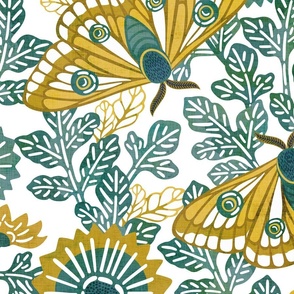 Vintage Moths Jumbo White Background- Japanese Linen Kimono- Garden Vines- Teal- Golden Yellow- Wallpaper- Home Decor