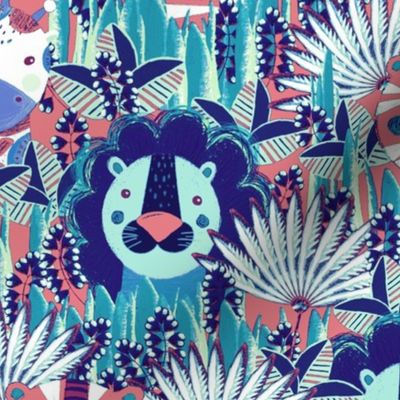 Jungle, Cute, multicolored stylized lion, tiger and giraffe on a blue background