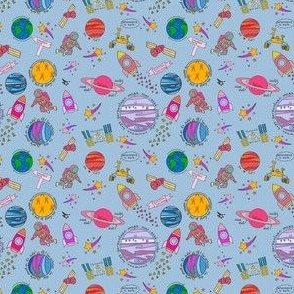 Planets, space outer space, saturn, jupiter, space rocket, pink, blue, yellow, astronaut, childrens decor, cushions, bedding, childrens wear -  4.1 x 3.5