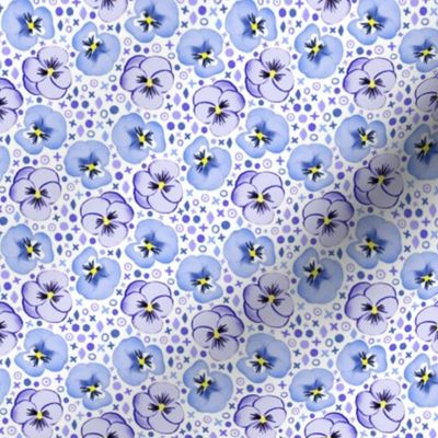 Tiny Painted Pansies - violet, lilac purple, and pastel cornflower blue on white 