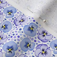 Tiny Painted Pansies - violet, lilac purple, and pastel cornflower blue on white 