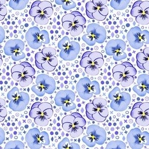 Tiny Painted Pansies - violet, lilac purple, and pastel cornflower blue on white 