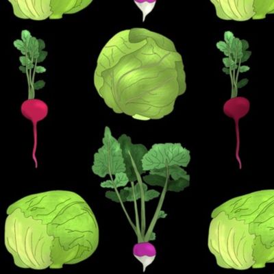 Lettuce Cabbage Radish and Turnip on Black