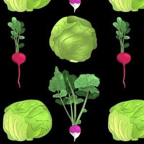 Lettuce Cabbage Radish and Turnip on Black
