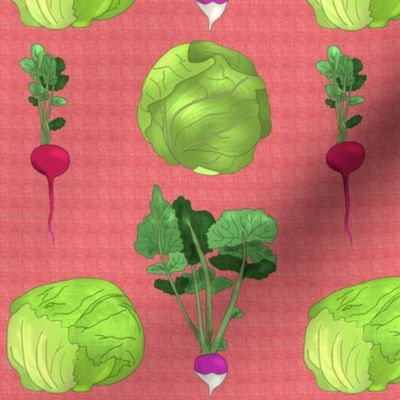 Lettuce Cabbage Radish and Turnip on Pink Linen Look