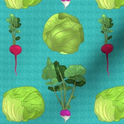 Lettuce Cabbage Radish and Turnip on Turquoise Linen Look