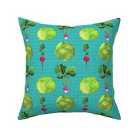 Lettuce Cabbage Radish and Turnip on Turquoise Linen Look