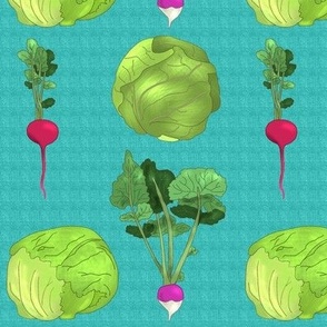 Lettuce Cabbage Radish and Turnip on Turquoise Linen Look