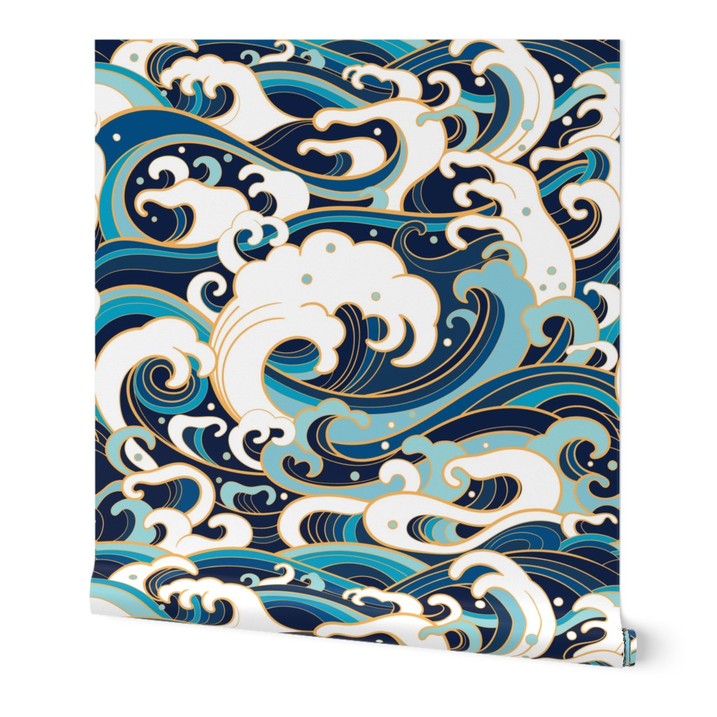 Japanese Waves, Asian Wave, High Wave, Waves, Navy Blue, Dark Blue with Gold Yellow Accent