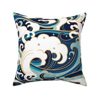 Japanese Waves, Asian Wave, High Wave, Waves, Navy Blue, Dark Blue with Gold Yellow Accent