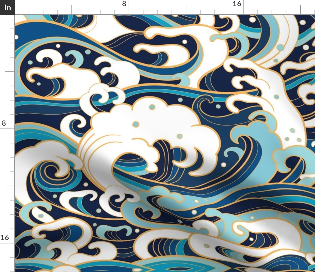 Japanese Waves, Asian Wave, High Wave, Waves, Navy Blue, Dark Blue with Gold Yellow Accent