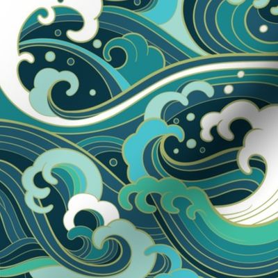 Japanese Waves, Asian Wave, High Wave, Waves, Green Seafoam with Gold Yellow Accent