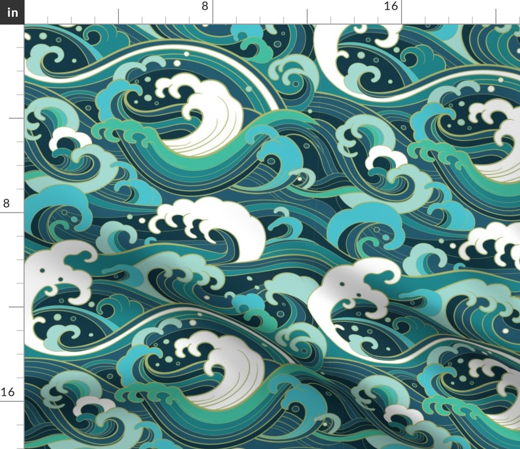 Japanese Waves, Asian Wave, High Wave, Waves, Green Seafoam with Gold Yellow Accent