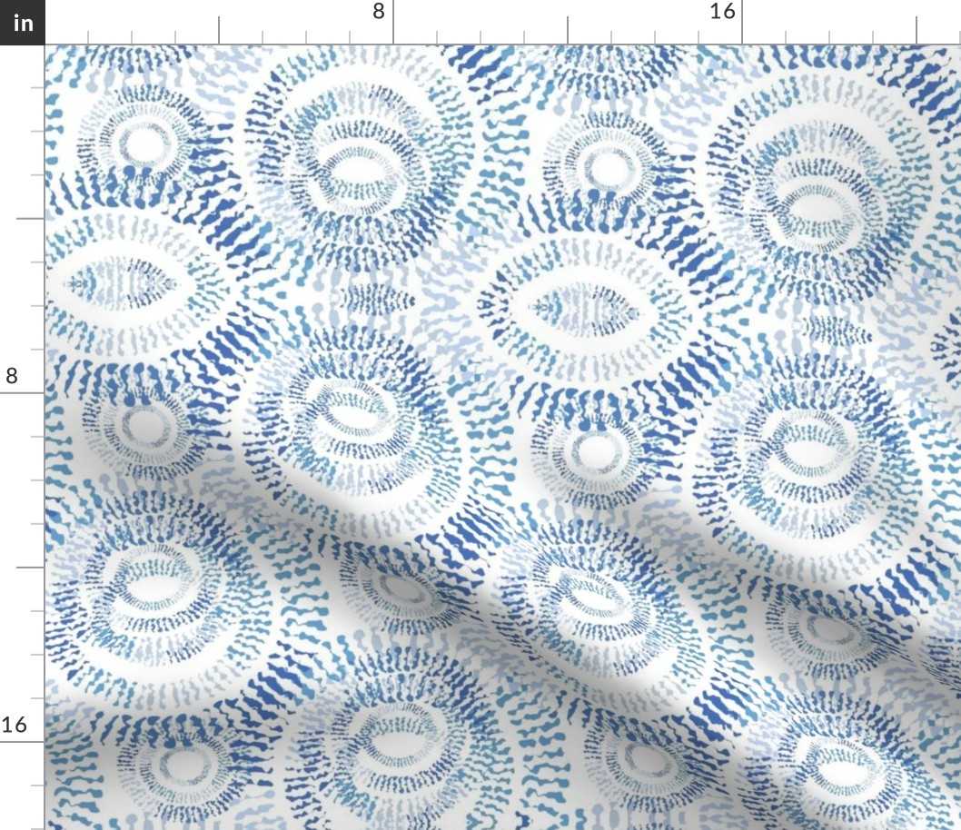 Shibori Tye Dye, Tie Dye, Light Indigo, Blue and White, Flower Stars Circle Donuts