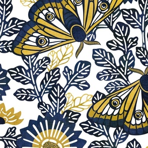 Vintage Moths Jumbo White Background- Japanese Linen Kimono- Garden Vines- Navy Blue- Indigo- Golden Yellow- Wallpaper- Home Decor