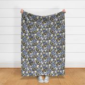 Vintage Moths Extra Large White Background- Japanese Linen Kimono- Garden Vines-- Navy Blue- Indigo- Golden Yellow- Wallpaper- Home Decor