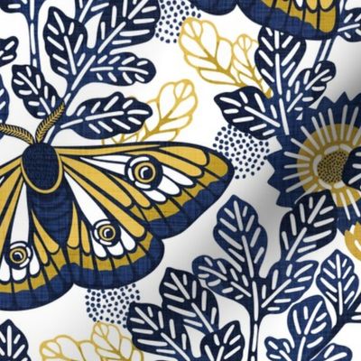 Vintage Moths Extra Large White Background- Japanese Linen Kimono- Garden Vines-- Navy Blue- Indigo- Golden Yellow- Wallpaper- Home Decor