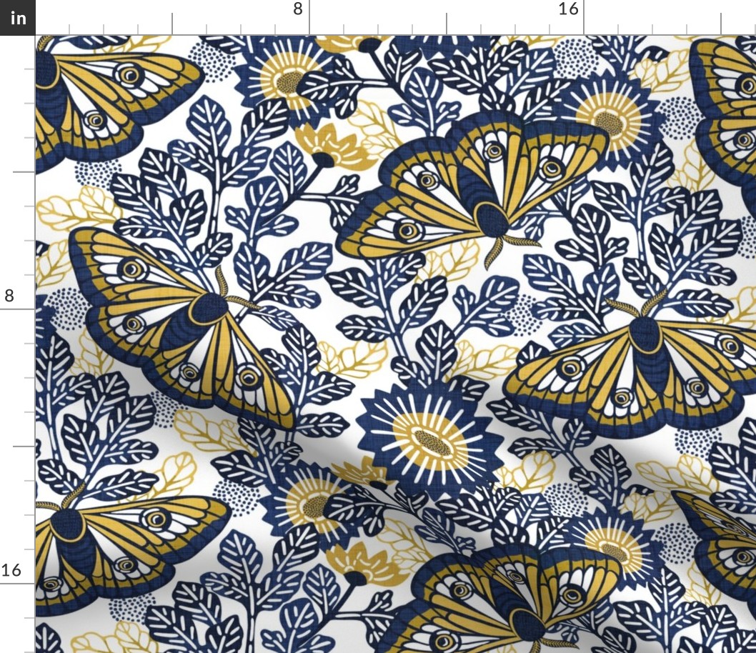 Vintage Moths Extra Large White Background- Japanese Linen Kimono- Garden Vines-- Navy Blue- Indigo- Golden Yellow- Wallpaper- Home Decor