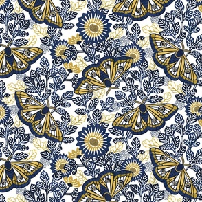 Vintage Moths Large White Background- Japanese Linen Kimono- Garden Vines-- Navy Blue- Indigo- Golden Yellow- Wallpaper- Home Decor