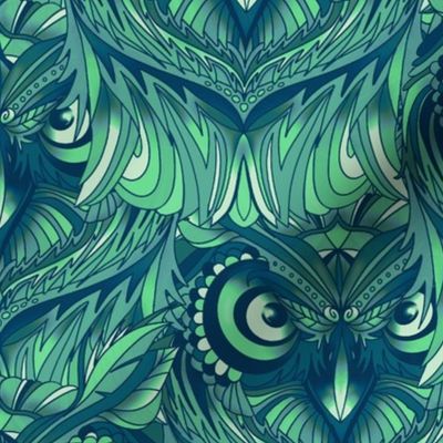 Owls at night green and blue