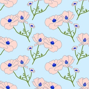 Floating Oriental Floral - blush + cobalt on periwinkle, medium to large 