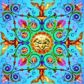 2 medusa ombre shading blending eagles flowers floral filigree leaves leaf acanthus  baroque Victorian neoclassical rococo flourish swirls blue green red vines tendrils orange brown purple ornate birds wings gorgons Greek Greece mythology   inspired