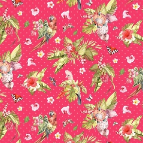 Luscious Tropical Flowers on Coral  Red