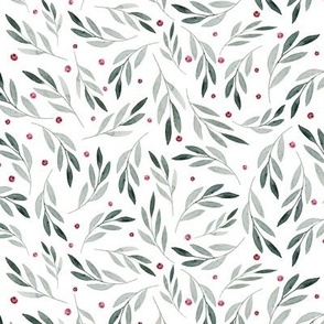 medium // Christmas Leaves and Berries in Red and Green