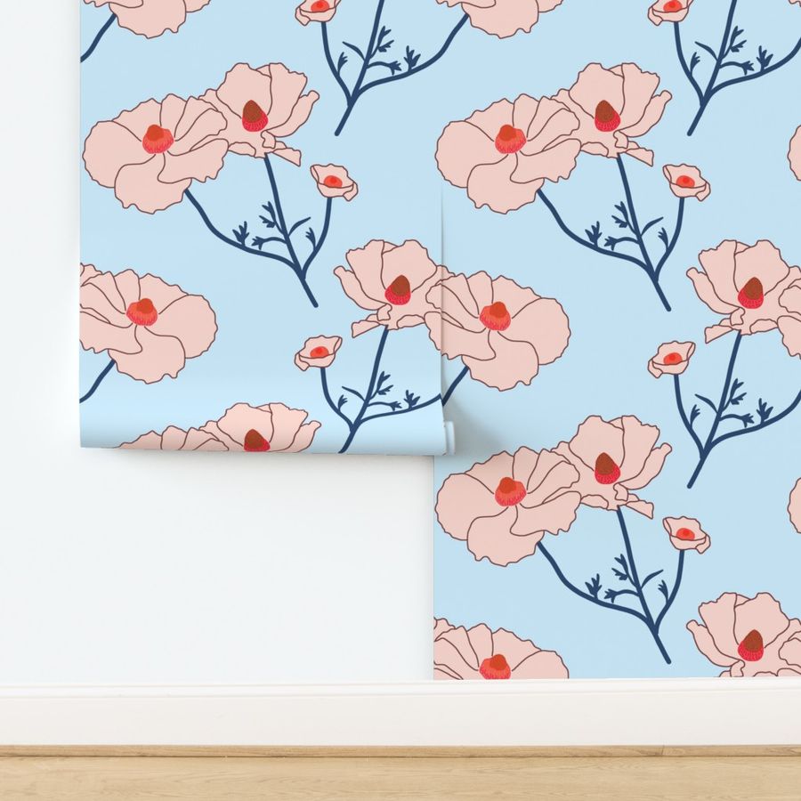 Floating Oriental Floral - blush with navy stems on periwinkle, medium to large 