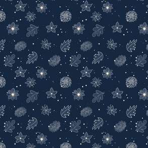 Dots Dark Blue Flowers & Leaves