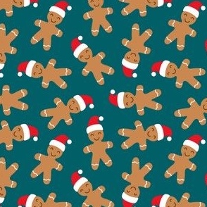 gingerbread men with Santa hat - cute Christmas - dark teal - LAD21