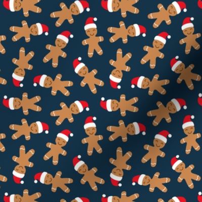 gingerbread men with Santa hat - cute Christmas - navy - LAD21