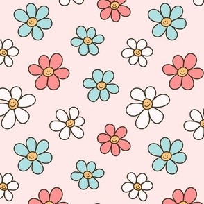 Cute Happy Colorful Smiling Daisies, Retro Smile Daisy Pattern in Soft Girly Pastel Blush, Pink and Mint Color