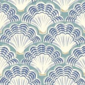 large scale Hand drawn Scallop Shells on blue gray