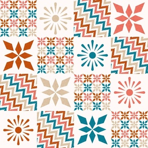Patchwork 6" Square Cheater Quilt Starburst Sun Star Zig Zag Stripes Flowers Southwestern Style Aztec on Off White
