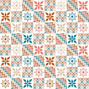 Smaller Patchwork 3" Square Cheater Quilt Starburst Sun Star Zig Zag Stripes Flowers Southwestern Style Aztec on Off White