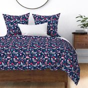 Bigger Scale Folk Art Birds Flowers Hearts on Navy