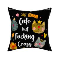 18x18 Panel Cute But Fucking Crazy Adult Sarcastic Humor Funny Cats on Black for DIY Throw Pillow Cushion Cover or Tote Bag