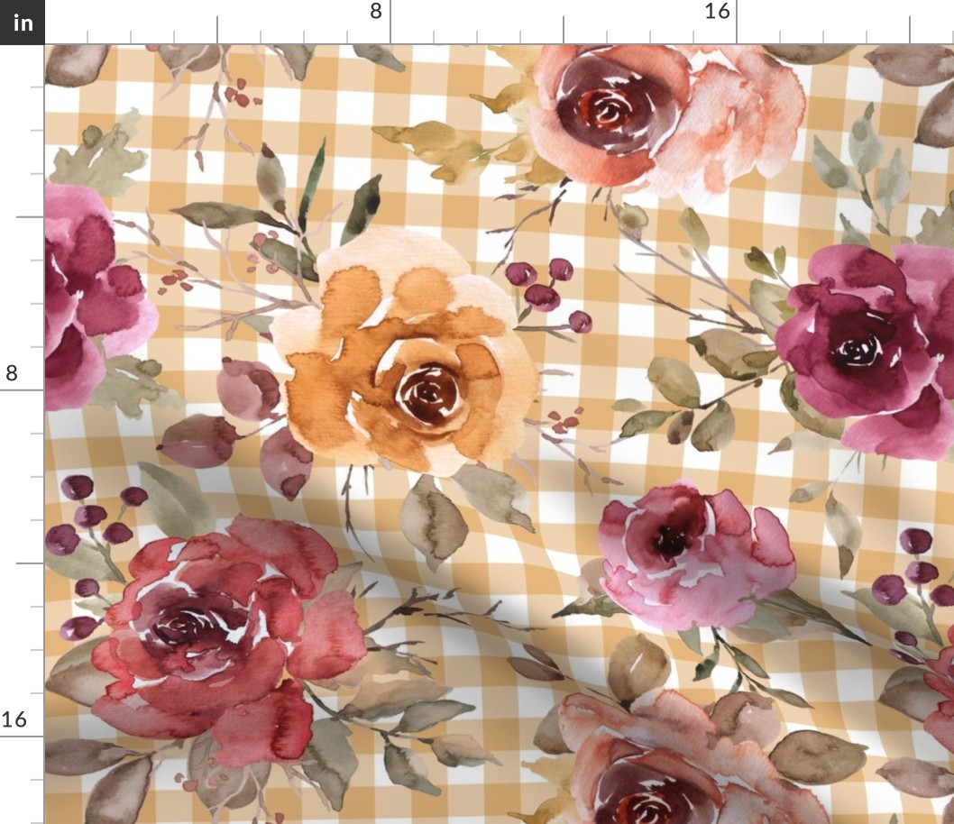 Light Gold Gingham Fall Floral rotated - large scale