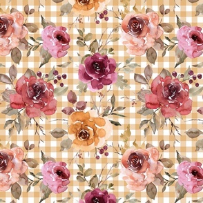 Light Gold Gingham Fall Floral - large scale