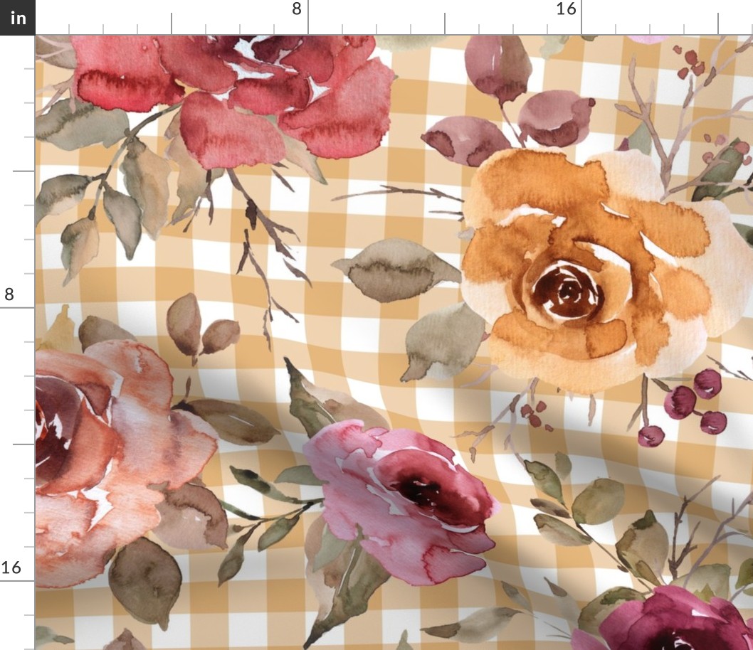 Light Gold Gingham Fall Floral - extra large scale