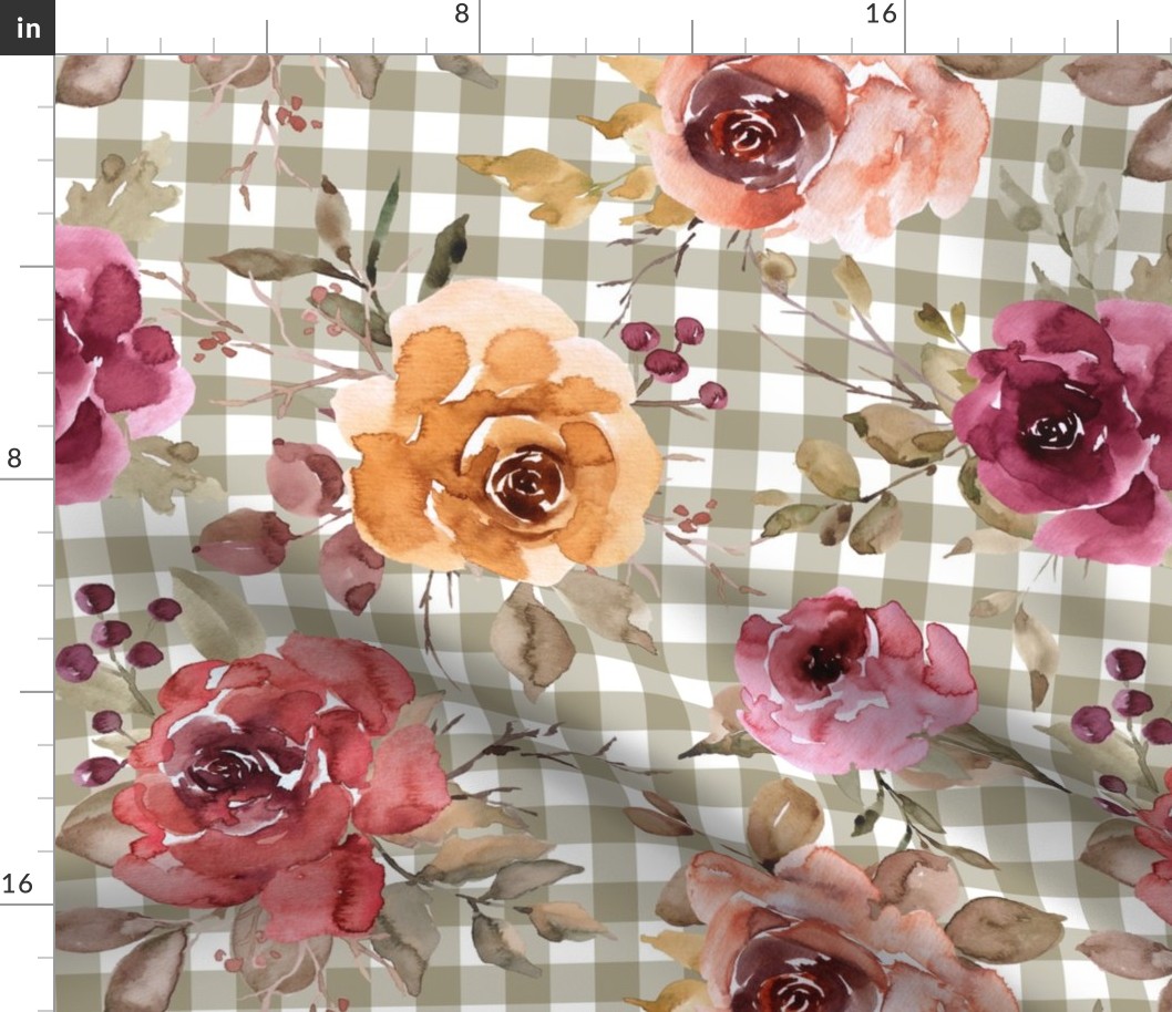 Light Sage Gingham Fall Floral Rotated - large scale