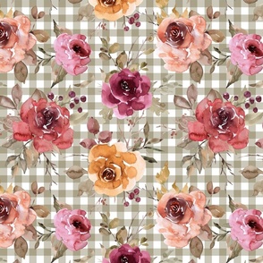 Light Sage Gingham Fall Floral - large scale