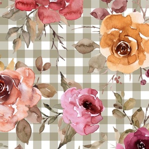 Light Sage Gingham Fall Floral - extra large scale