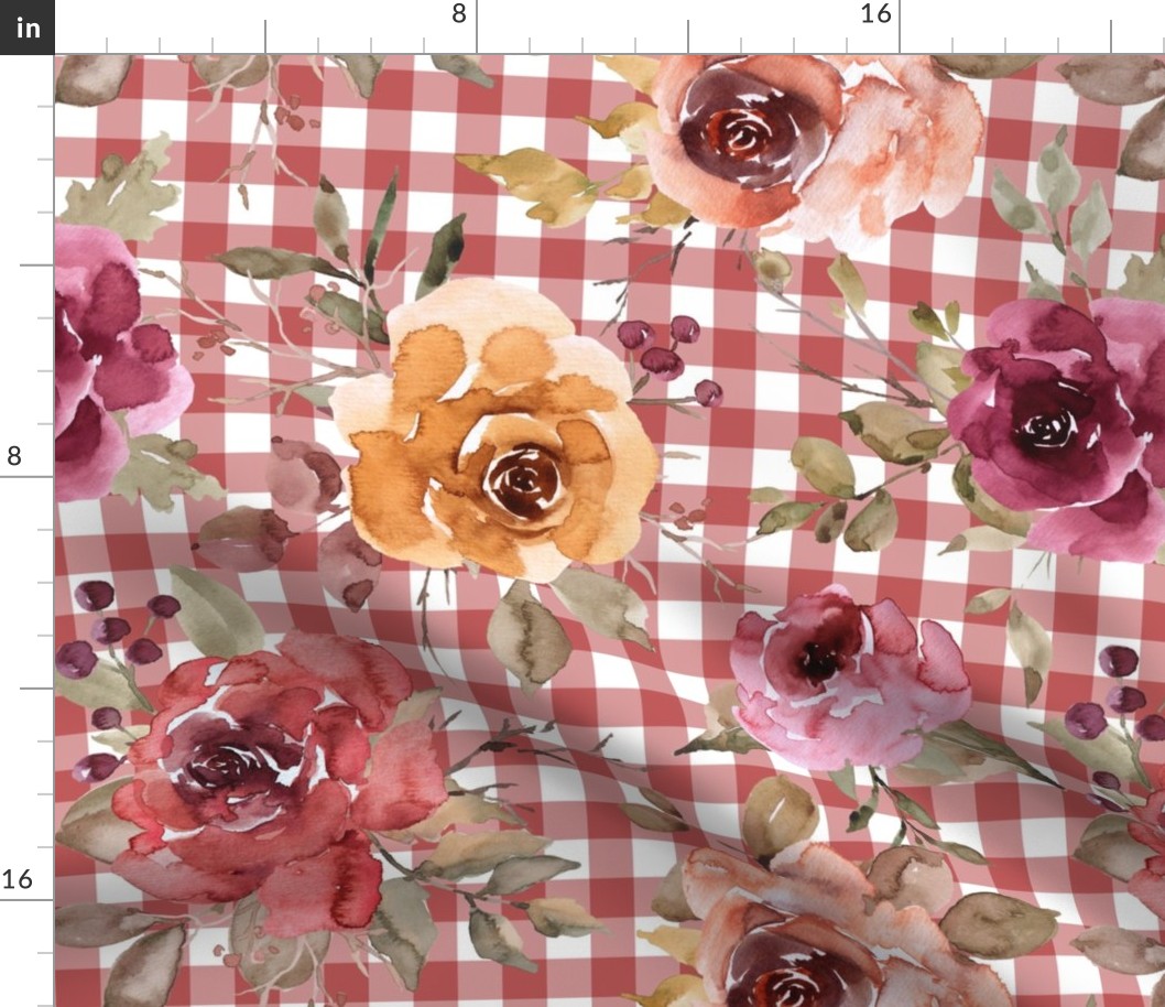 Rusty Pink Gingham Fall Floral Rotated - large scale